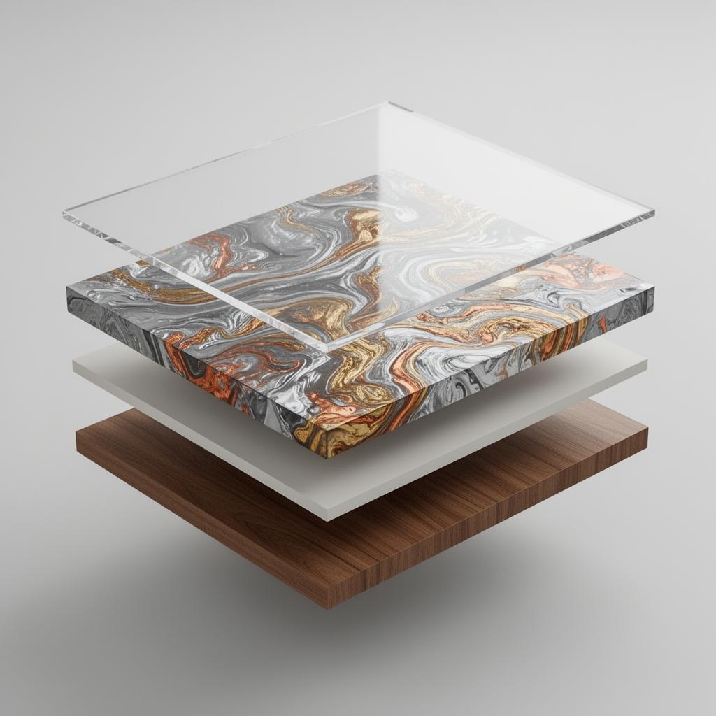 Epoxy Countertop System cross-section diagram showing layers: Prepared Surface - Sanded & cleaned, Primer Layer - Bonding agent, Metallic Pour - Swirled metallic epoxy, Top Coat - Food-safe clear coat