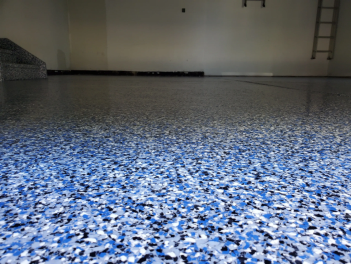 Blue flake epoxy garage floor