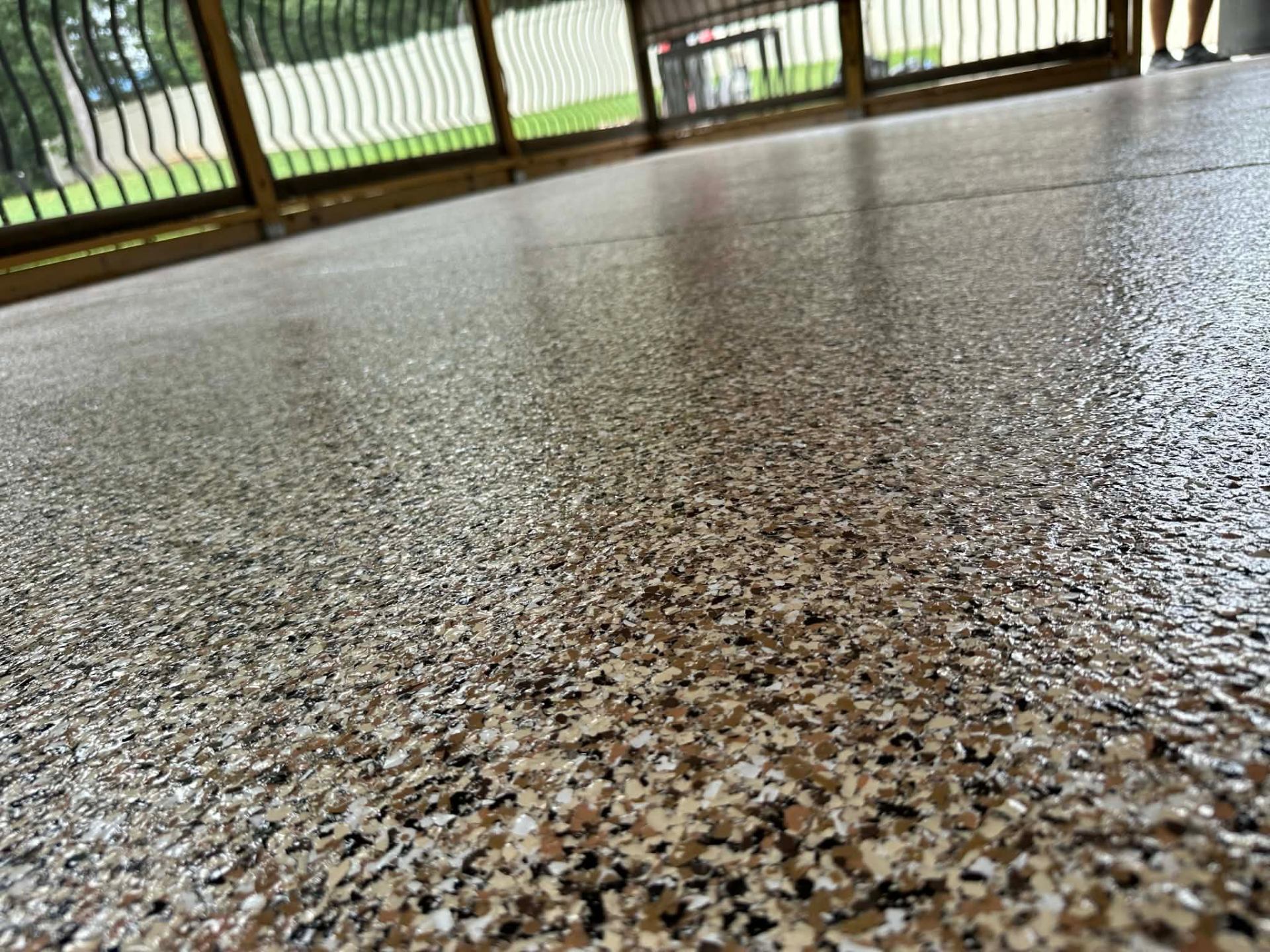 Outdoor deck flake coating