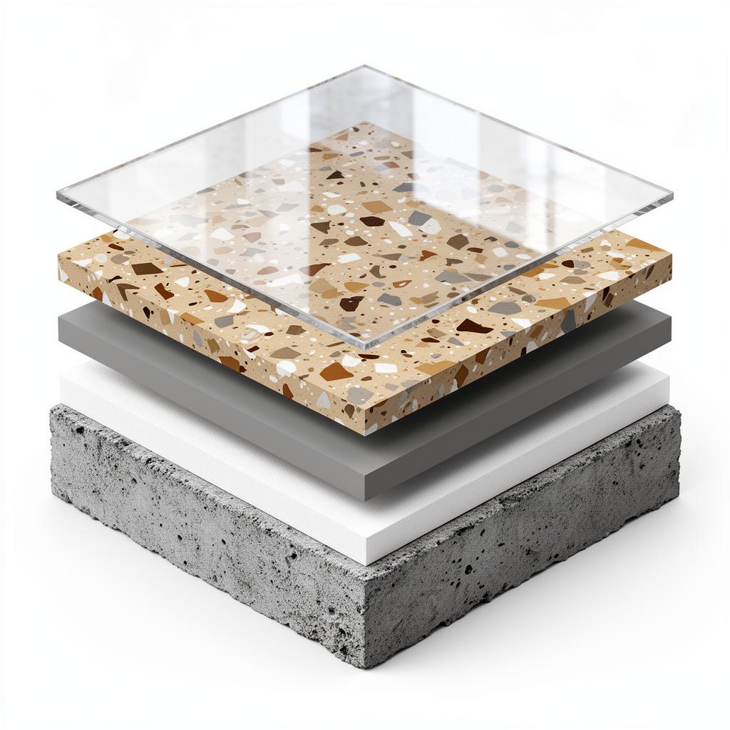 Flake Floor System cross-section diagram showing layers: Concrete - Prepared & diamond ground, Moisture Barrier - When needed, Basecoat - 100% solids epoxy, Flake Layer - Decorative vinyl flakes, Topcoat - Polyaspartic protective coating