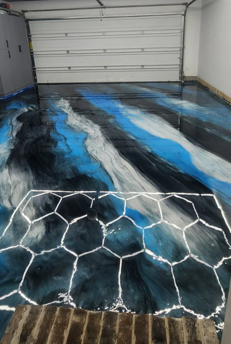 Blue metallic epoxy hexagon pattern
