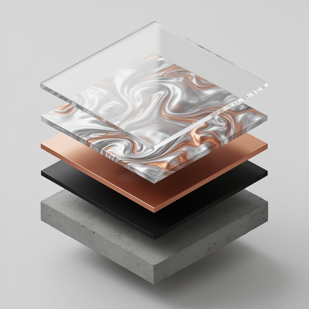 Metallic Epoxy System cross-section diagram showing layers: Concrete - Prepared surface, Prime Coat - Thin pigmented epoxy, Metallic Layer - Pearl metallic epoxy, Top Coat - Ceramic clear coat