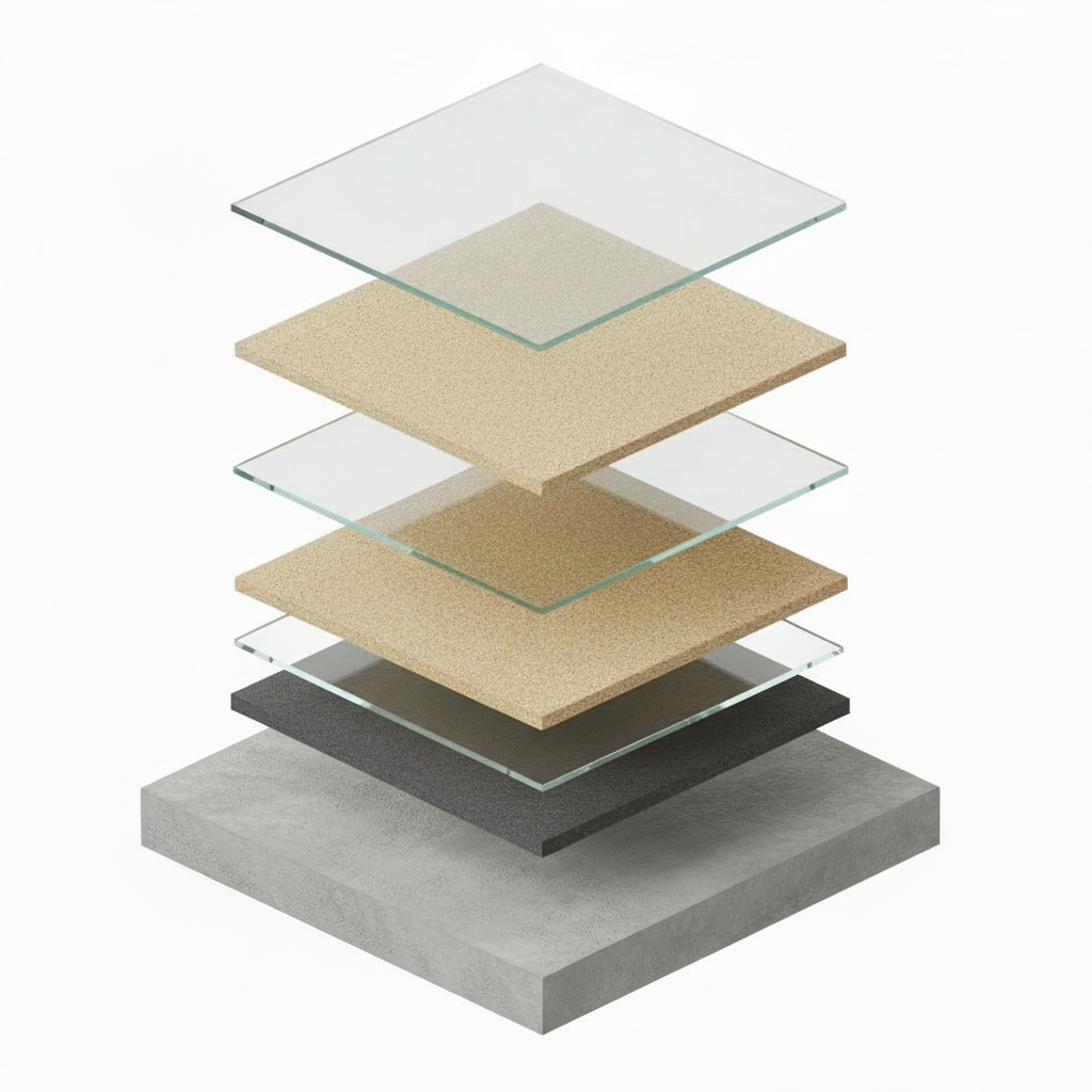 Quartz Broadcast System cross-section diagram showing layers: Concrete - Prepared & diamond ground, Moisture Barrier - When needed, First Epoxy - 100% solids base coat, First Quartz Broadcast - To full refusal, Second Epoxy - 100% solids coat, Second Quartz Broadcast - Double-broadcast technique, Topcoat - Polyaspartic UV-stable finish