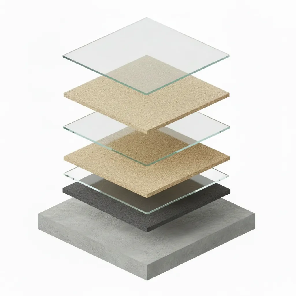 Quartz Broadcast System cross-section diagram showing layers: Concrete: Prepared & diamond ground, Moisture Barrier: When needed, First Epoxy: 100% solids base coat, First Quartz Broadcast: To full refusal, Second Epoxy: 100% solids coat, Second Quartz Broadcast: Double-broadcast technique, Topcoat: Polyaspartic UV-stable finish