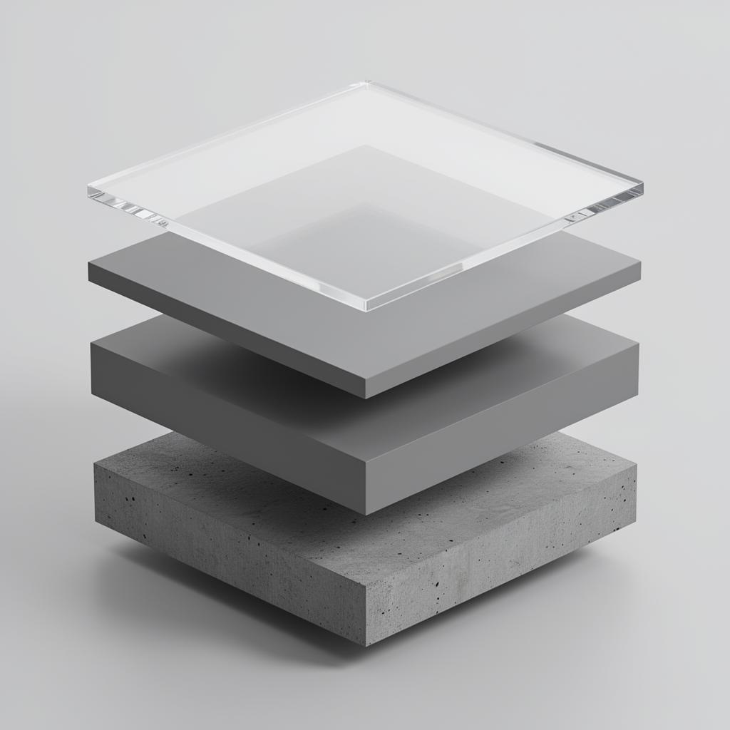 Solid Color Epoxy System cross-section diagram showing layers: Concrete - Prepared & diamond ground, Pigmented Epoxy - First coat - 100% solids, Pigmented Epoxy - Second coat - 100% solids, Top Coat - Urethane clear coat