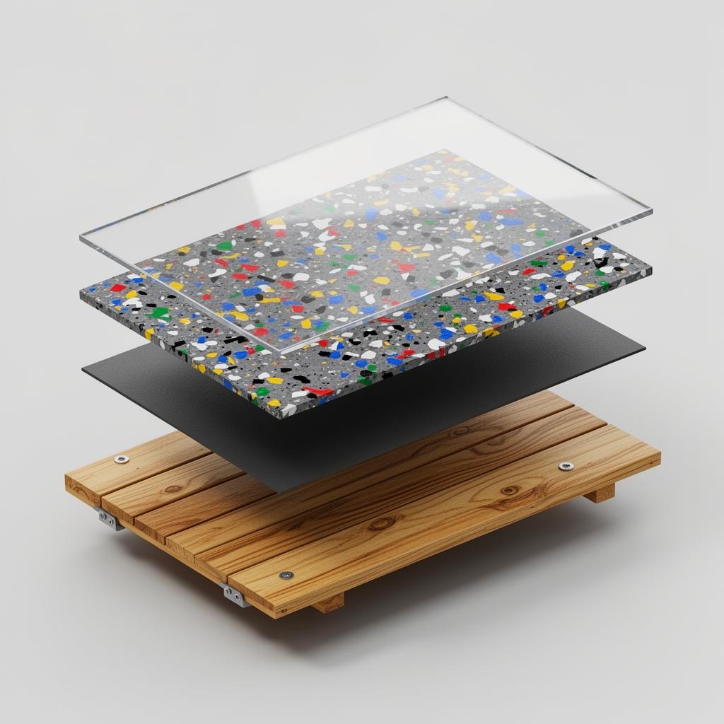 Trailer Coating System cross-section diagram showing layers: Prepared Surface - Cleaned & prepped, High-Elongation Polyaspartic - Base coat for movement, Flake - Decorative broadcast, Top Coat - Polyaspartic UV-stable finish